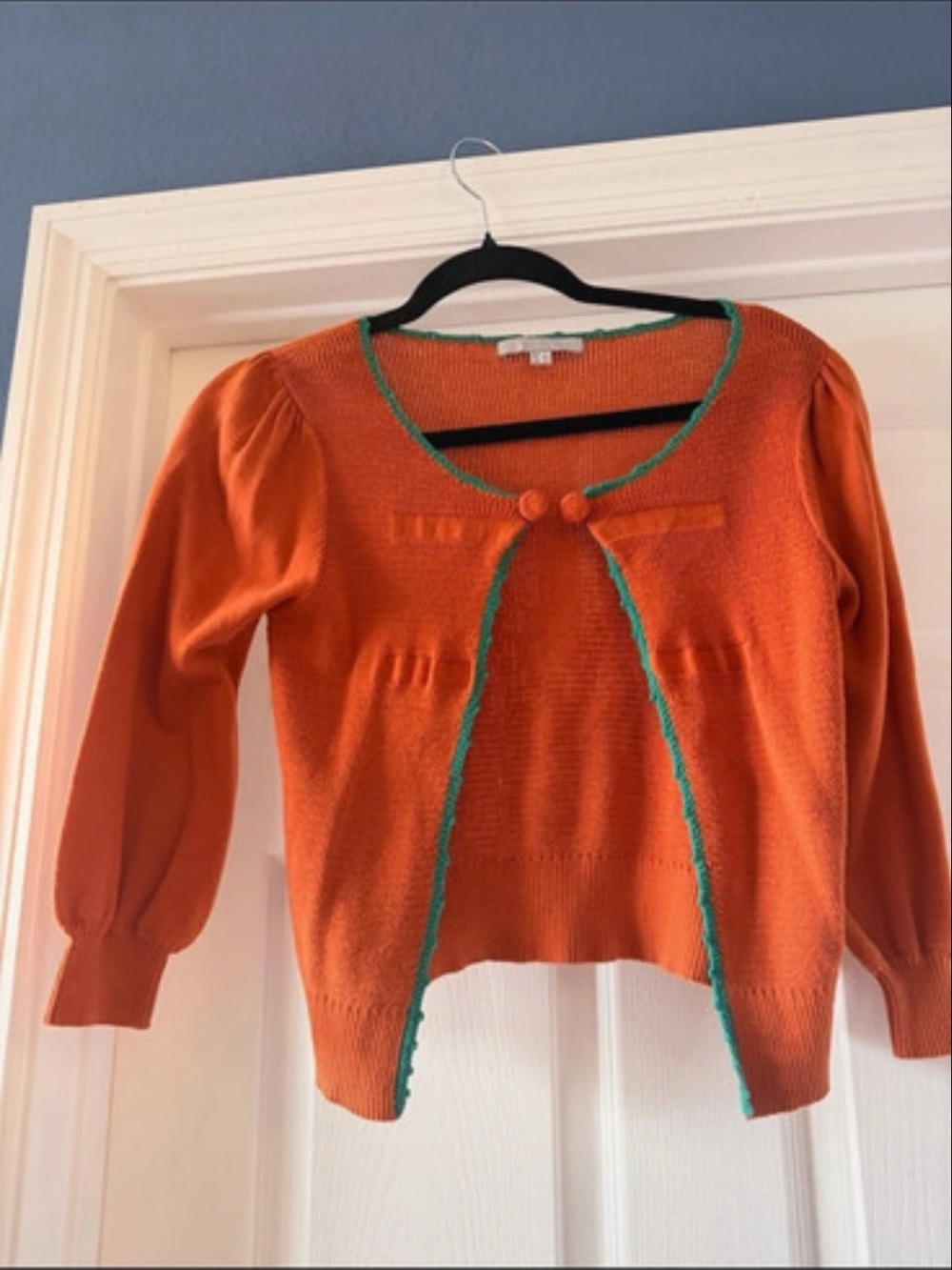 Cropped Orange Cardigan with Green Trim